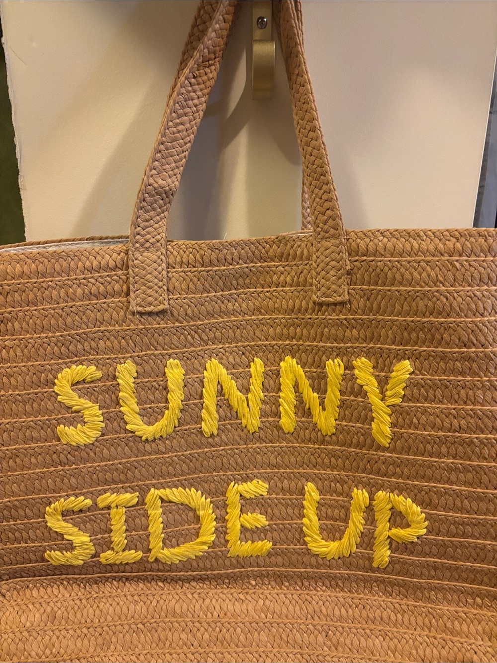 BTB Sunny Side Up Straw Tote Bag - Natural with Yellow Accent - Picture 5 of 5